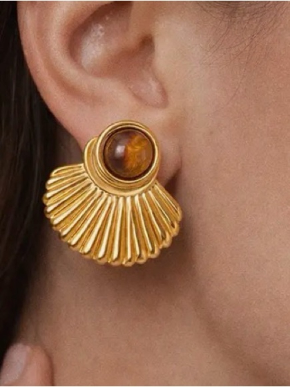 Gold Fan Shaped Tigers Eye Earrings (7564)